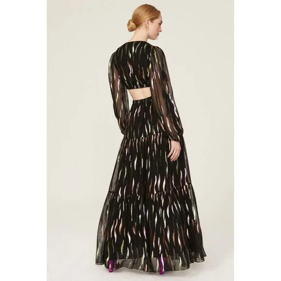 $625 Shoshanna Randi Gown Jet Iridescent Metallic Cut Out Maxi Designer 4 READ - Picture 3 of 14